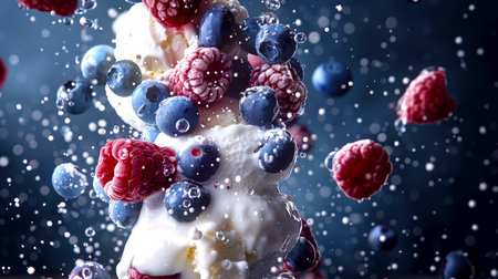 A close-up of a dessert with vanilla ice cream and raspberries and blueberries. A sweet delicious snack is in the air. Healthy eating. Freshness and beauty. A natural productの素材