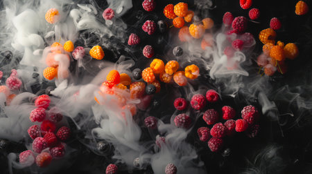A bunch of red and orange raspberries and several blueberries float in white smoke on a black background in the air. Stylish raspberry background. A delicious snackの素材