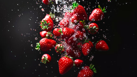 Bunches of fresh juicy red strawberries fall into the water on a black background. A delicious summer snack. A natural organic product. A vegan diet. Healthy eating. Summer dessertの素材