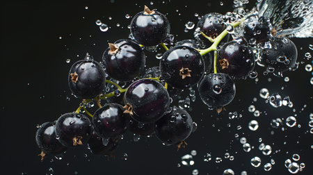 A bunch of black currant berries falls into the water. The new crop of black currant berries is surrounded by water droplets, creating a beautiful and serene picture. A delicious healthy snack. Healthy eatingの素材