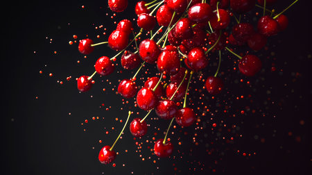 A bunch of juicy cherries falls from a tree. Red ripe cherries are friends in droplets of red juice in the air on a black background. A natural organic product. A delicious and healthy snack. Berry backgroundの素材