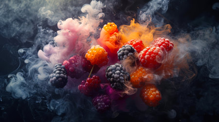 A few raspberries and blackberries float in a cloud of white smoke. The image has a dreamy, surreal tone. Raspberry background. A delicious sweet snack. A natural productの素材