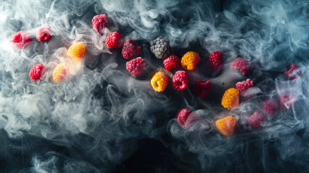 Clusters of raspberries and blackberries of varying degrees of ripeness float in a cloud of smoke. The smoke is thick and hazy, which gives the scene a mysterious and unearthly appearance. A natural vegan product. A sweet snackの素材