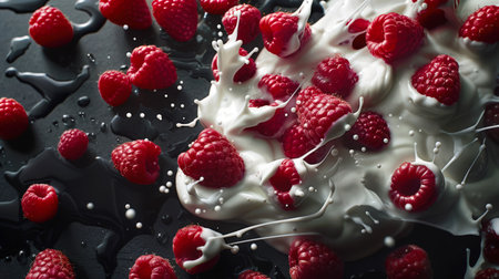 A close-up of a dessert made of whipped cream and red raspberries. The concept of tenderness and sweetness - the combination of raspberries and milk creates a delicious treat. A natural product. Healthy eating. Berry backgroundの素材