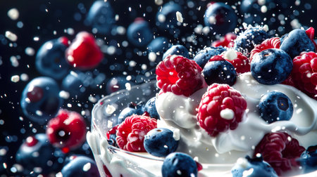 A delicious dessert of blueberries, raspberries and thick whipped cream. Juicy ripe berries fall into natural milk yogurt. Milkshake with berries. Healthy eating.の素材