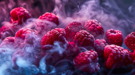 Close-up of a bunch of red raspberries covered with blue-pink-purple smoke. A delicious and healthy snack. A storehouse of vitamins and trace elements. A natural organic product. The vegan dietの素材
