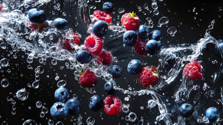 A bunch of blueberries and raspberries in close-up in a stream of water. Washing fresh wild berries in clean water. A delicious natural snack. Healthy eating. Fresh berry harvestの素材