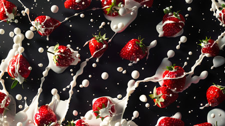 Strawberries roll over a milky splash on a black table, top view. Delicious natural dessert. Smoothies made from milk and strawberries. Healthy eating. Close-up of strawberries with milk splashed on them.の素材
