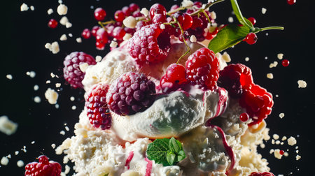 Dessert with lots of raspberries, red currants and whipped cream. A delicious snack. A natural organic product. Food background. Healthy eating.の素材