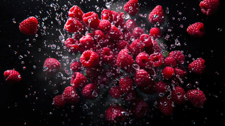 A fresh harvest of juicy raspberries in drops of pure water soars into the air on a black background. Close-up of a bunch of raspberries surrounded by water droplets. The concept of freshness and abundance when raspberries are ripe and ready to eatの素材