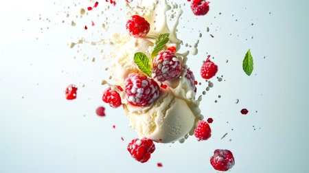 Raspberries met with a scoop of vanilla ice cream and natural cream. A close-up of a refreshing dessert with raspberries and mint leaves. The image creates a playful and whimsical mood. A delicious snackの素材