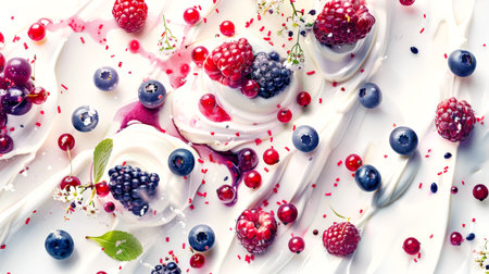 Juicy raspberries, blueberries and red currants float in whipped cream on a white table. Delicious dessert. A healthy snack. Food background. A natural product. Healthy eating. Smoothieの素材