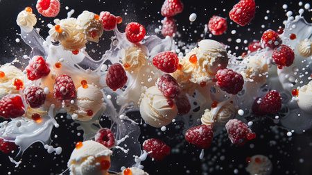 Vanilla ice cream balls play with juicy raspberries and milky splashes. Delicious dessert with ice cream and raspberries, drizzled with cream. There is something playful and whimsical in this image, as if the dessert is scattered around in a cheerful and chaotic mannerの素材