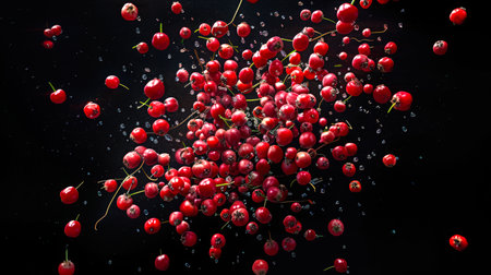A fresh cranberry crop hovers in the air with water droplets on a black background. An explosion of cranberries. A healthy natural product. Food background. Healthy eating. The scene is chaotic and disorderedの素材