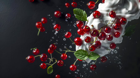 Close-up of red currant berries with whipped cream. The berries are scattered all over the dessert, creating a feeling of abundance and freshness. Healthy eating. Berry background. Yummyの素材