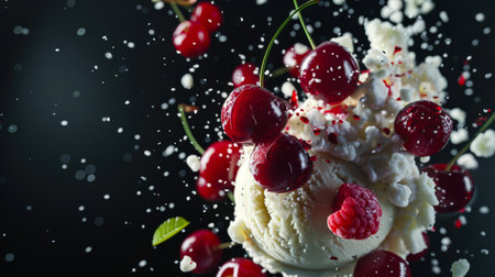 A ball of vanilla ice cream with cherries and raspberries in close-up. Sweet delicious dessert. A natural snack. An organic product. Yummyの素材