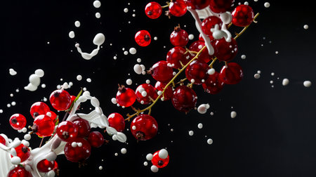 A delicious natural snack. Smoothie with red currant. Splashes of white milk are sprinkled over a bunch of red currant berries. The concept of chaos and movement when milk and berries are in a mess.の素材
