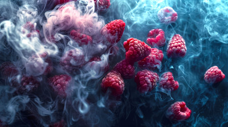 Close-up: a bunch of red raspberries floating in a cloud of mysterious smoke. The smoke is thick and hazy, which gives the image a dreamy, surreal hue. A natural product. Raspberry backgroundの素材