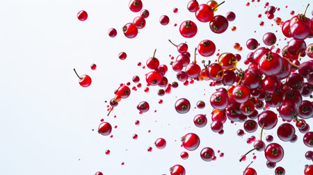 A handful of cranberries and lingonberries flies through the air in drops of red syrup. A healthy natural organic product. Healthy eating. A vegan diet. food backgroundの素材