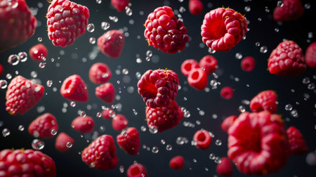 Close-up of a bunch of red raspberries playing with water droplets in the air. A fresh new raspberry harvest. The gifts of summer and the forest. A storehouse of vitamins and trace elementsの素材