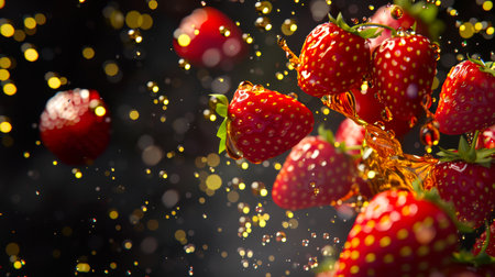 Strawberries in honey. A close-up of a bunch of red strawberries poured with golden syrup or caramel. Thanks to the bright red color of the strawberries, a warm and inviting mood reigns in the pictureの素材