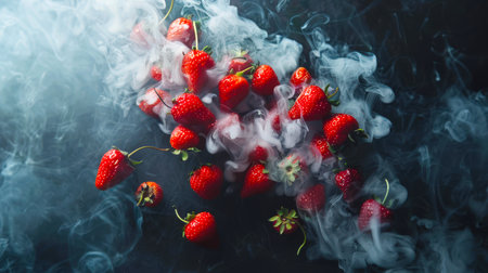 Strawberry dessert in mystical smoke on a black background. Clusters of red strawberries float in a cloud of white smoke. The smoke is thick and hazy, which gives the image a mysterious and unearthly appearance. A delicious snackの素材