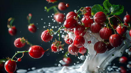 A close-up of a bunch of red gooseberry berries, around which white milk splashes. The idea of playfulness and whimsicality, as if gooseberry berries were dancing in milk. A delicious fresh crop of gooseberries. A natural product.の素材