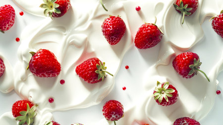 Yogurt with strawberries. A handful of ripe strawberries lies in a white sugar glaze on a white table, top view. White background with lots of strawberries and cream. Strawberries are of different sizes and scattered all over the background.の素材