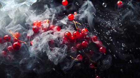 Close-up of a red currant in smoke on a black background. The scene is dark and mysterious. A natural product. Berry background. Yummyの素材