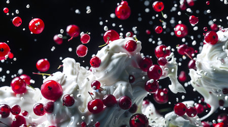 Close-up of red currant berries dancing with whipped cream in the air on a black background. Sweet delicious dessert. Healthy eating. The concept of fun and indulgenceの素材