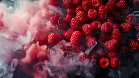 Pink smoke enveloped the fresh harvest of raspberries. Close-up of a bunch of red raspberries against a background of smoke. The smoke gives the image a mysterious and dreamy look. A delicious sweet snack.の素材