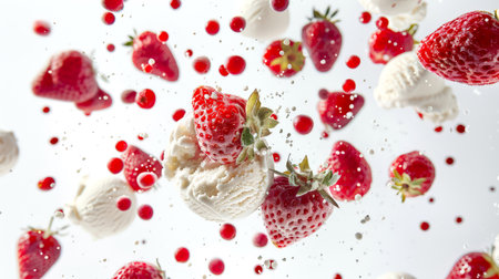Vanilla ice cream balls float with strawberries and red currants in the air on a white background. Delicious sweet summer dessert. A natural product. Yummy.の素材