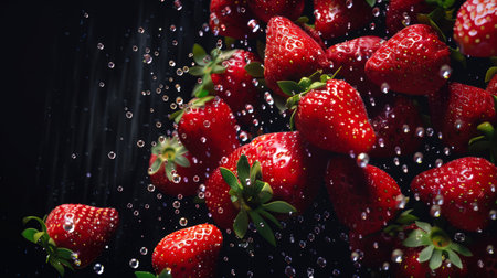 Fresh strawberry harvest. Close-up of a bunch of red strawberries with water droplets. The scene is fresh and bright, and the drops of water give it a sense of movement and life. Healthy eating. food backgroundの素材