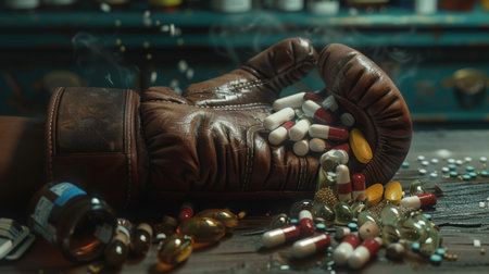 Doping in sports. Close-up of a handful of capsule pills on a boxing glove. Doping can help athletes strengthen strength and muscles, reduce fatigue, or get rid of pain. The scene is chaotic and disorganized.の素材