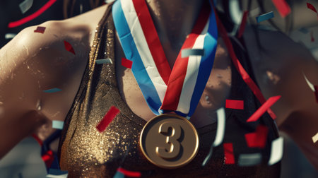 Close-up of the bronze medal for the honorable third place. A sporty woman wears a medal with the number 3. The medal is surrounded by confetti, which gives the impression of a holiday or victory. Awarding the winner.の素材