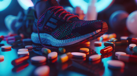 Doping in sports is a deception. A new fashionable stylish modern sports sneaker is lying on the floor, and a lot of pills are scattered around it. The pills are of different colors and sizes, and the shoes are surrounded by them. The concept of chaos and disorderの素材