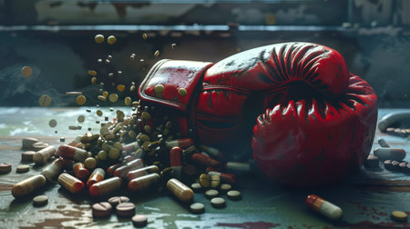 A red boxing glove is lying on the table with a bunch of pills. The use of doping in boxing. The scene is chaotic and messy, the pills and the glove create a sense of disorderの素材