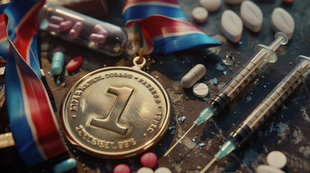 The gold medal with the number 1 is on the table next to a pile of pills and syringes. The athlete's use of prohibited substances to achieve the best results in sports. Steroids can lead to increased strength and muscle massの素材