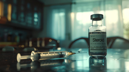 There is a small glass vial of steroids and a syringe on the table in the dark kitchen. The scene is dark and ominous. The dark side of sports. Steroids increase the endurance and strength of an athleteの素材