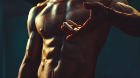 A handsome, muscular man is holding pills in his hand. The concept of painkillers. The dark side of sports. Conscious intake of prohibited substances that increase strength and enduranceの素材