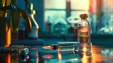 On the table next to the syringe there is a bottle of steroids and several tablets in capsules. The action takes place in a laboratory or medical facility. Steroids are biological compounds that are usually derived from the sex hormones testosterone and dihydrotestosteroneの素材