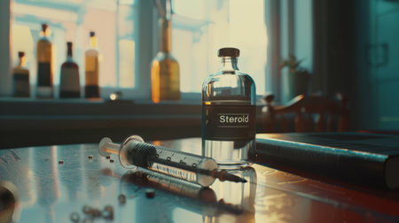 There is a bottle of steroids on the table next to the syringe. Steroids can lead to increased strength and muscle mass in the short term. The concept of doping in big sports. The doping scandalの素材