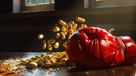A red boxing glove with golden pills scattered around it. The doping scandal. Doping is a deception. The use of steroids in sportsの素材