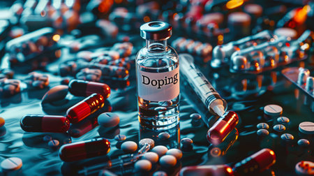A close-up of a bottle of doping, various pills and a syringe are on the athlete's table. The use of steroids in sports. The scene is serious and medical. The dark side of sports.の素材