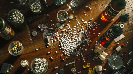 Top view of a table with a bunch of different pills, vials and bottles of alcohol. The price of winning a sport. The dark side of sports. The table of a negligent athleteの素材