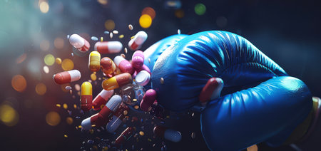 Close-up of a blue boxing glove smashing a handful of different pills in all directions. The fight against the use of doping and steroids. A sports concept. The concept of chaos and destructionの素材