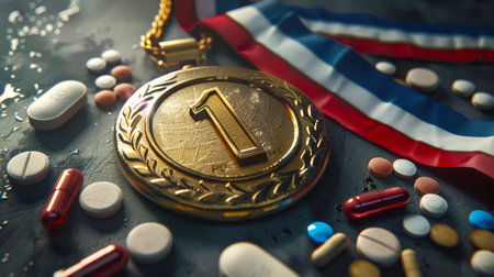 The winner's gold medal with the number 1 is on the table next to a handful of different pills. The price of winning a sport. Pills are scattered around the medal, some of them are red, blue and yellowの素材