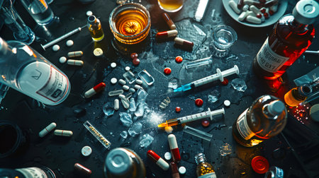 The table of an athlete or a drug addict, littered with various pills, syringes and alcohol bottles. Doping is the use of prohibited methods, methods or drugs that enhance athletic performance in competitionsの素材