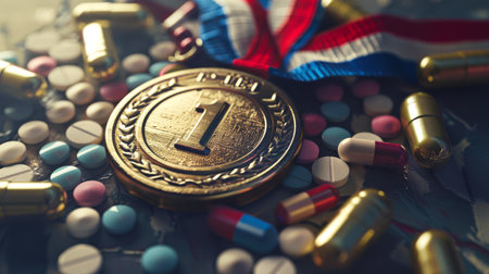 Doping and steroid use. On the multicolored tablets scattered on the table is a gold medal with the number 1. The concept of achievement and performance in sports. The dark side of sports.の素材