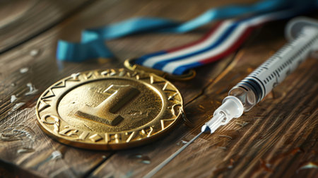 The sports concept of victory. Doping. A gold medal on a beautiful striped ribbon with the number 1 lies on a wooden table next to a syringe. The price of victoryの素材